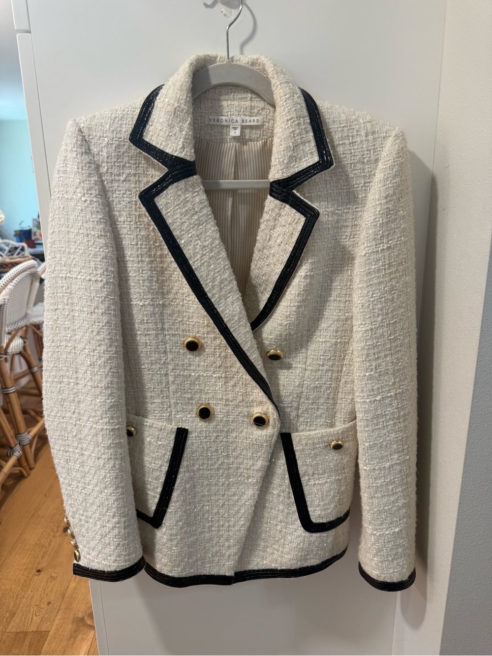 Veronica Beard Ivory Bouclé Blazer with Black Trim